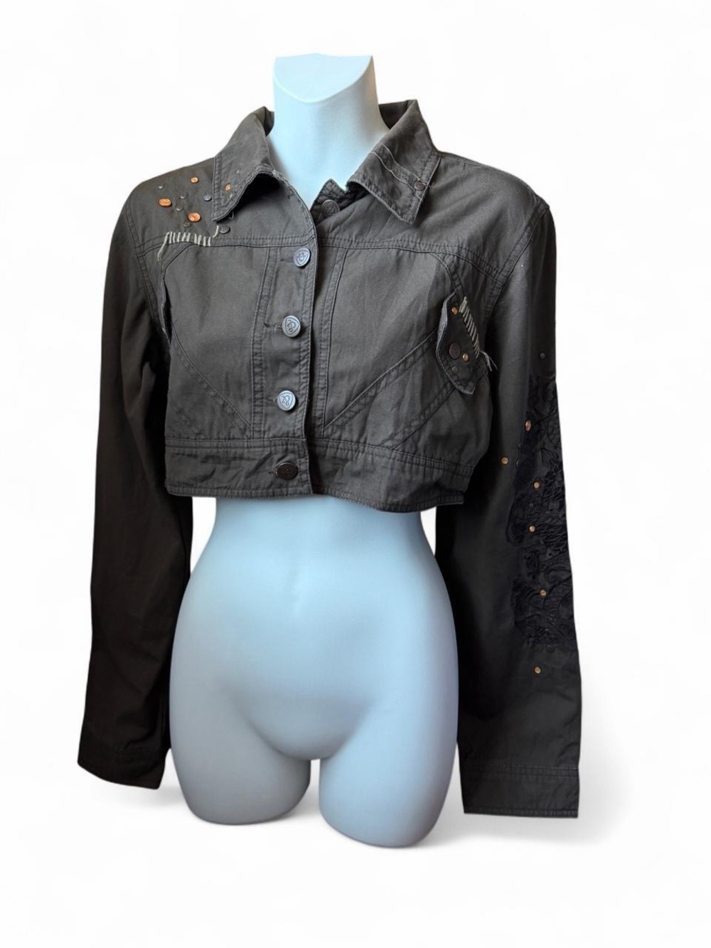 Embellished Cropped Jean Jacket - Olive Green